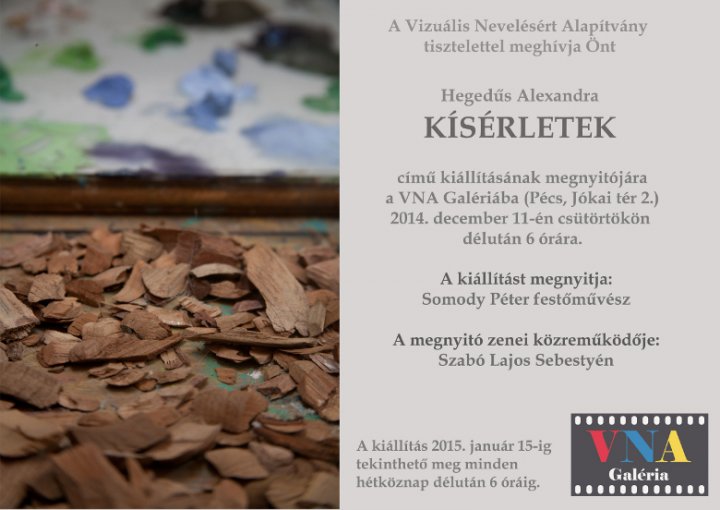 Hegedűs Alexandra Kísérletek című kiállításának megnyitója a VNA galériában (Pécs, Jókai tér 2.) 2014. december 11-én csütörtökön délután 6 órakor